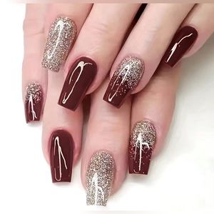 💅🏼 24 Piece  Glossy Wine Red French Tip Press On Nails - Medium Square